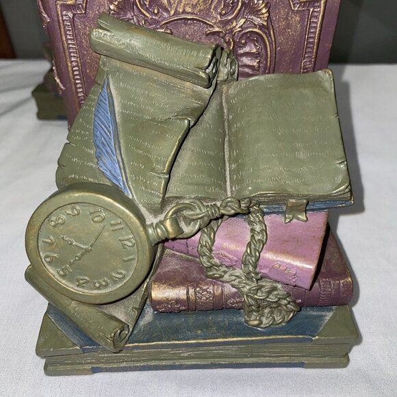 Vintage Bookends Alice In Wonderland Theme Pocket Watch Scrolls Heavy Book Ends - Picture 2 of 6